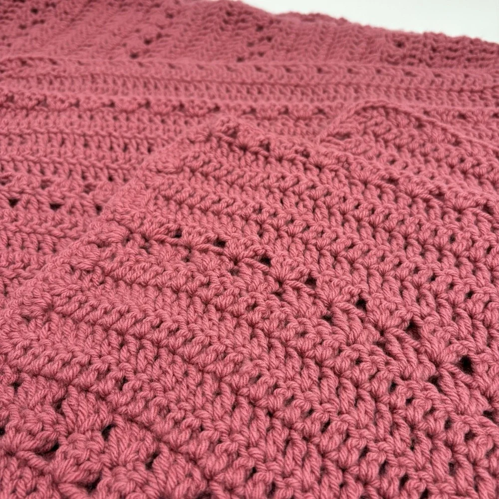 Vintage Hand Crocheted Afghan Throw Blanket Raspberry Approx 56